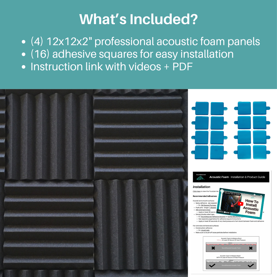 Easy Mount Acoustic Foam Kit - 12x12x2" Acoustic Foam Panels With Adhesive - Wedge Style - 4 Pack