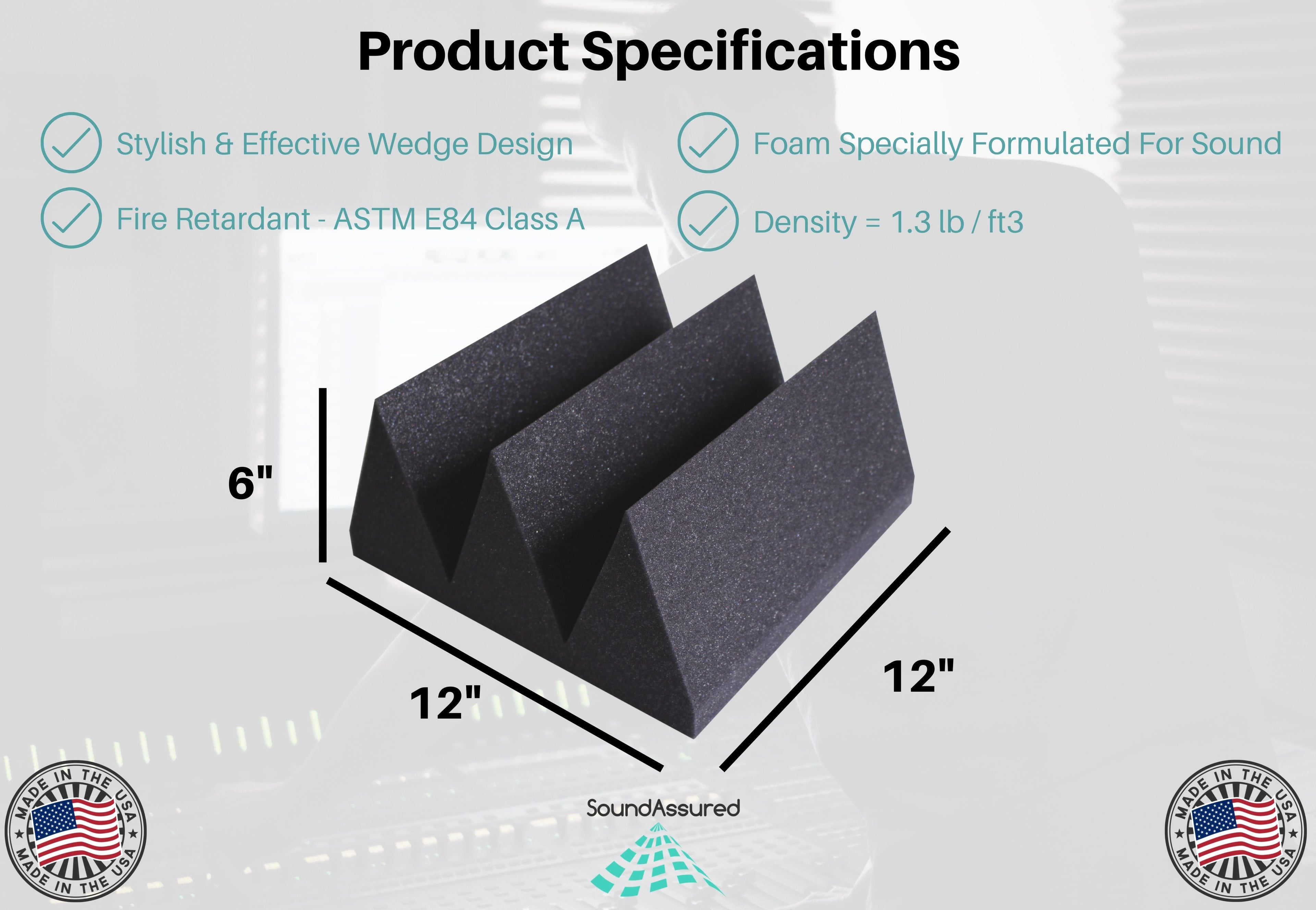 Six Inch Acoustic Foam Wedge Panels - 12x12x6"