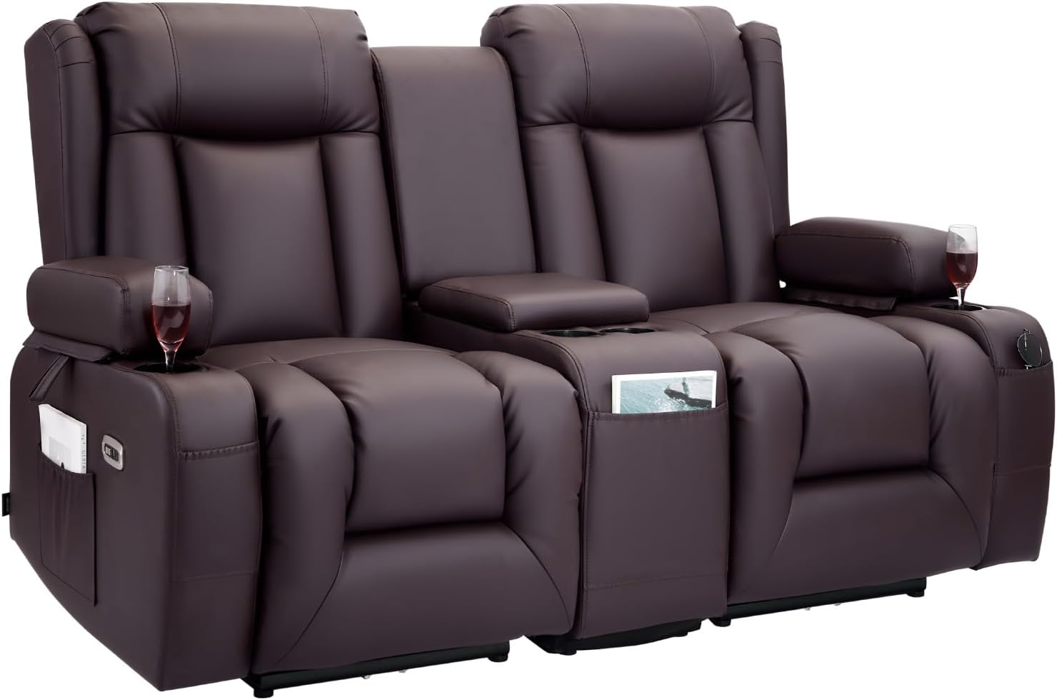 VEVOR Loveseat Recliner Sofa with Massage & Heat, Power Reclining Couch with Console, PU Leather Electric RV Sofa with USB & Outlet/Storage/Cup Holders/Pockets, Home Theater Seating for Living Room