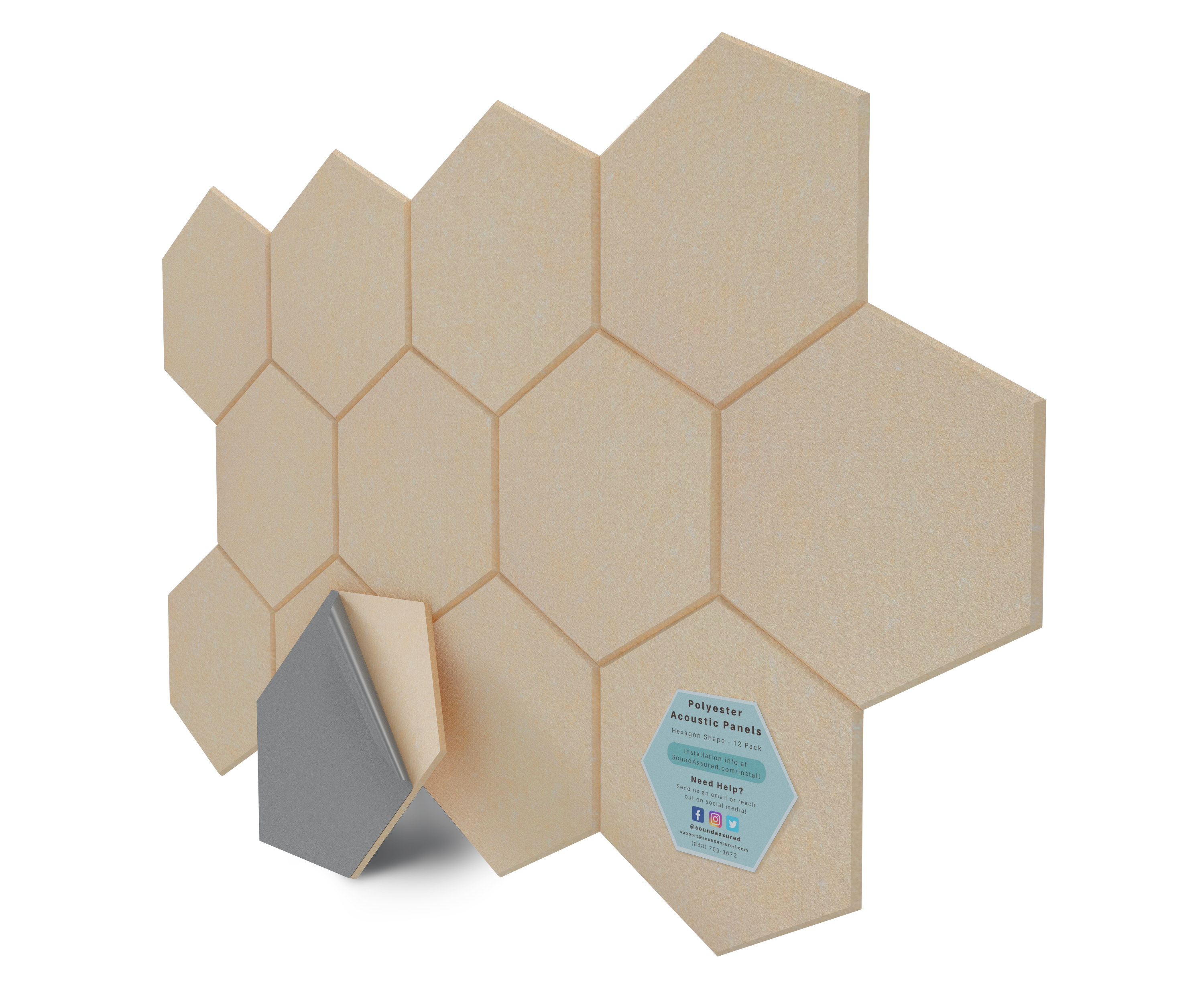 Hexagon Polyester Acoustic Panels - 12 Pack | Eco-Friendly Sound Absorption | Easy Peel & Stick Installation