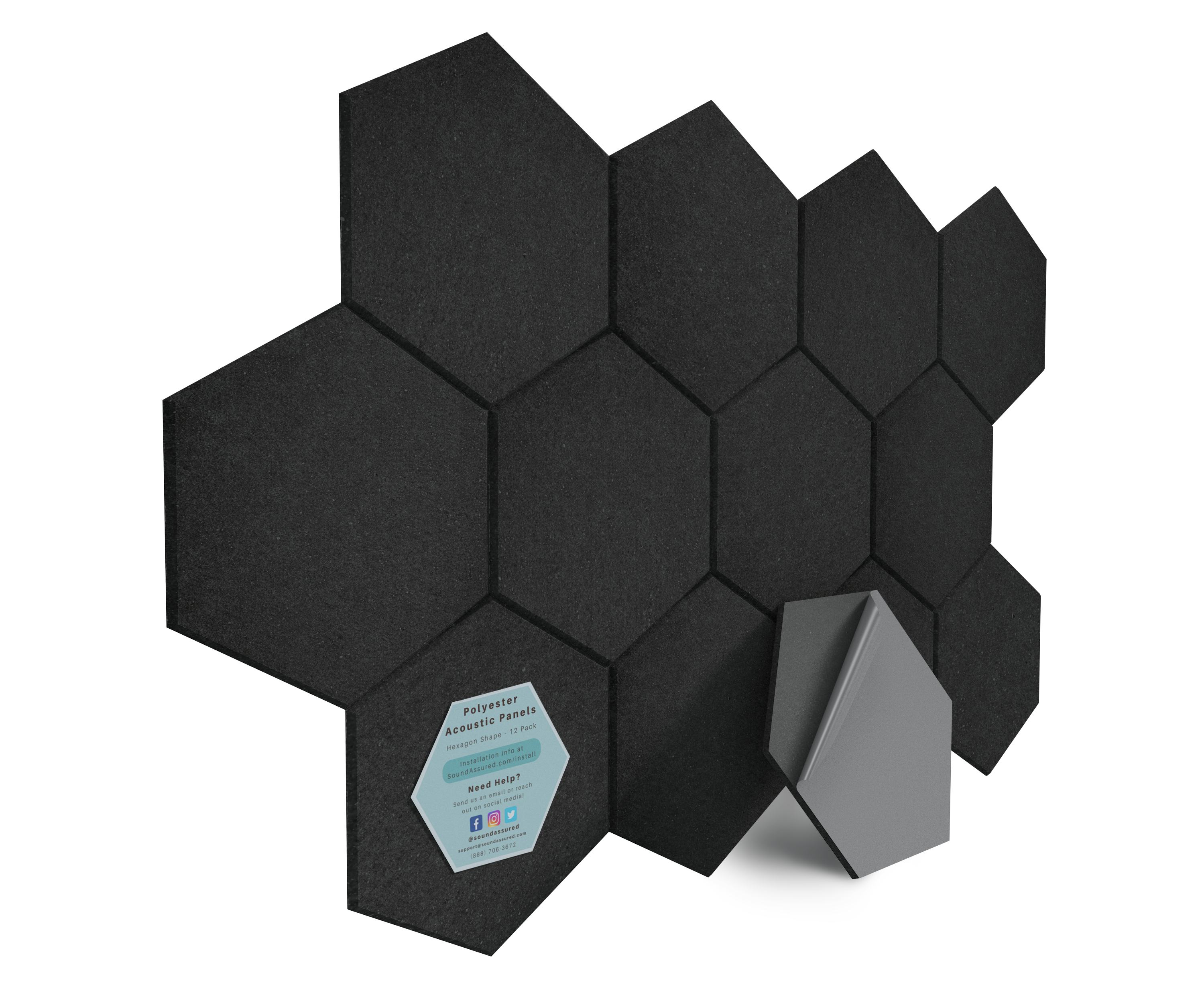 Hexagon Polyester Acoustic Panels - 12 Pack | Eco-Friendly Sound Absorption | Easy Peel & Stick Installation