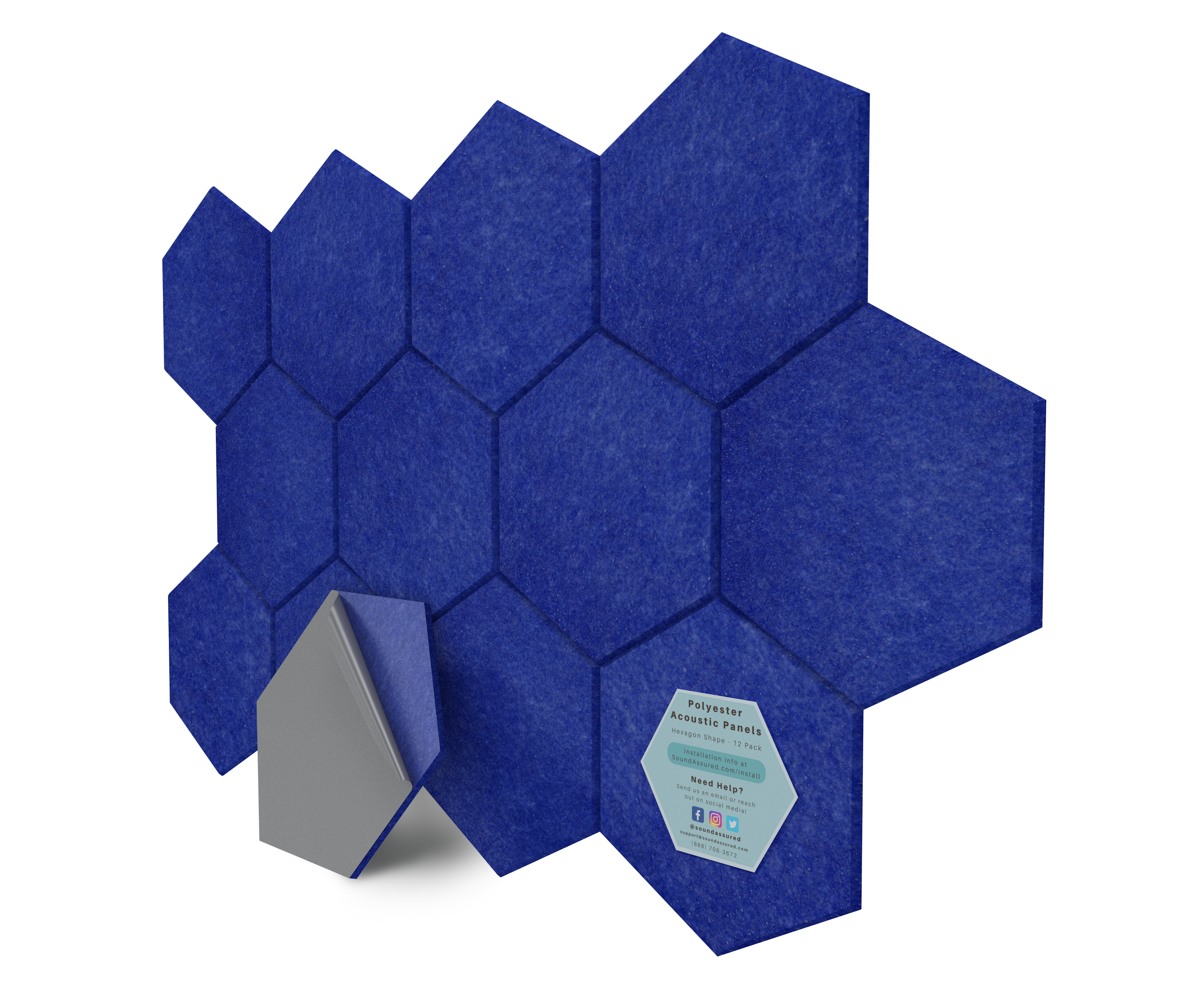 Hexagon Polyester Acoustic Panels - 12 Pack | Eco-Friendly Sound Absorption | Easy Peel & Stick Installation