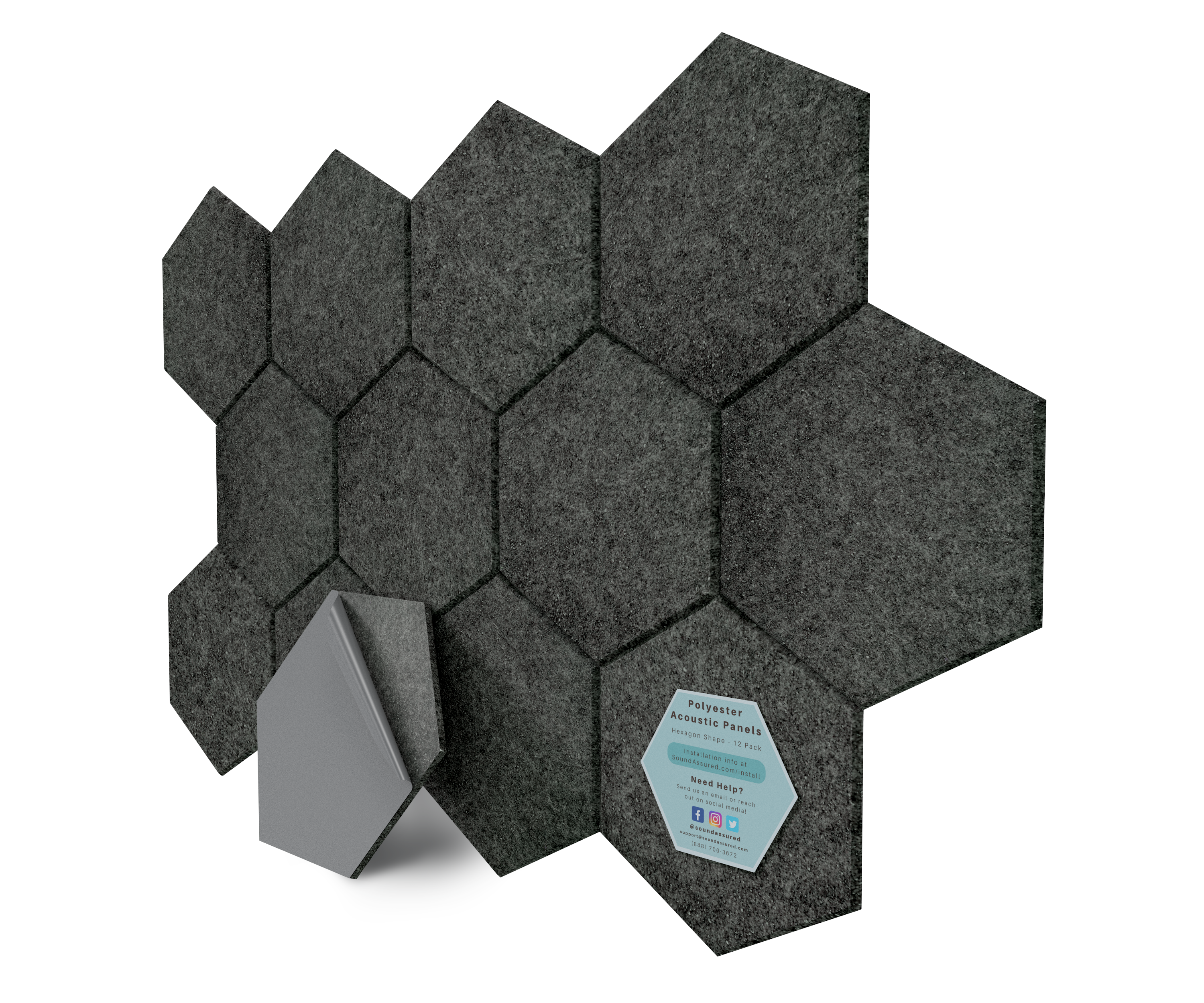 Hexagon Polyester Acoustic Panels - 12 Pack | Eco-Friendly Sound Absorption | Easy Peel & Stick Installation