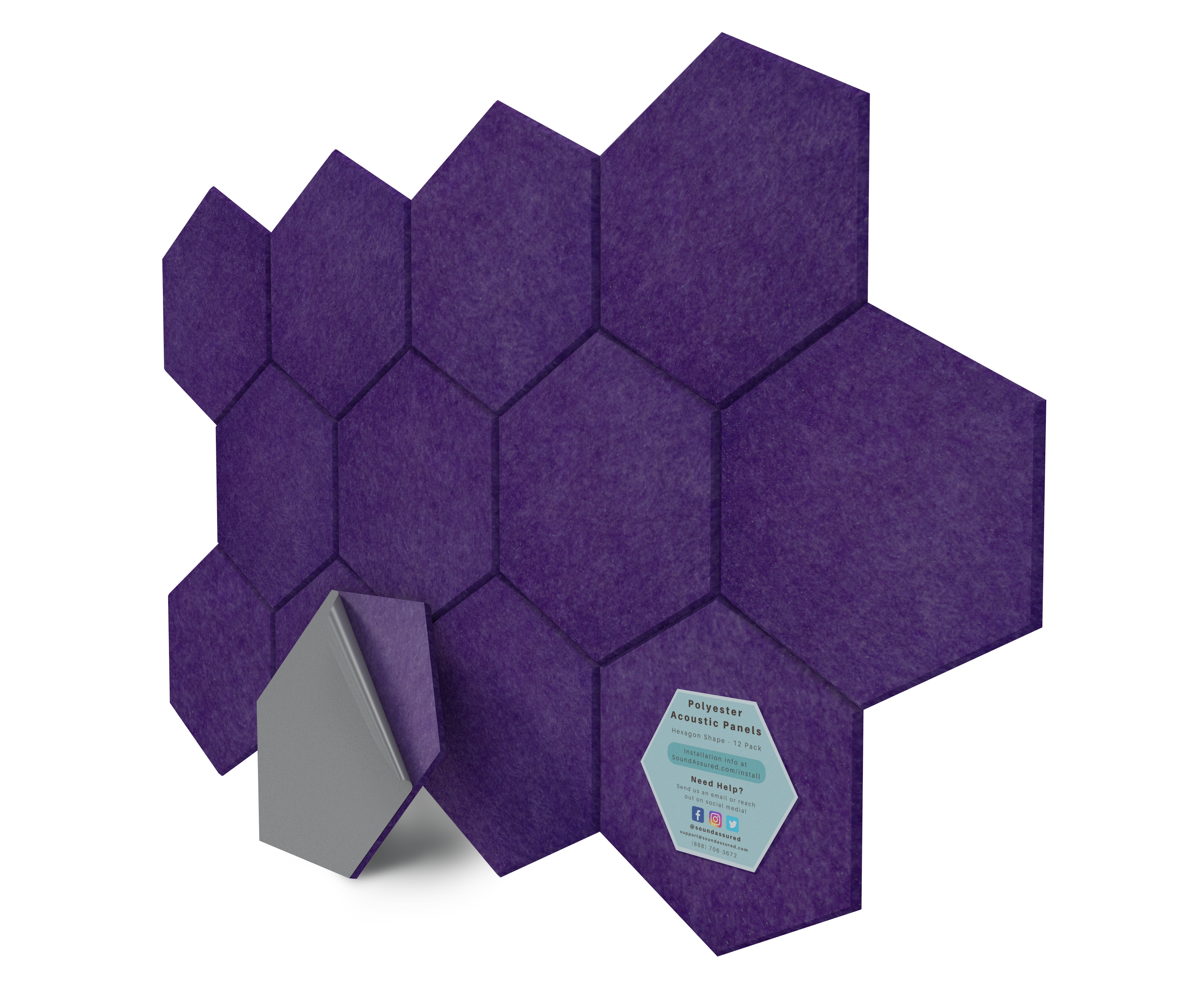 Hexagon Polyester Acoustic Panels - 12 Pack | Eco-Friendly Sound Absorption | Easy Peel & Stick Installation