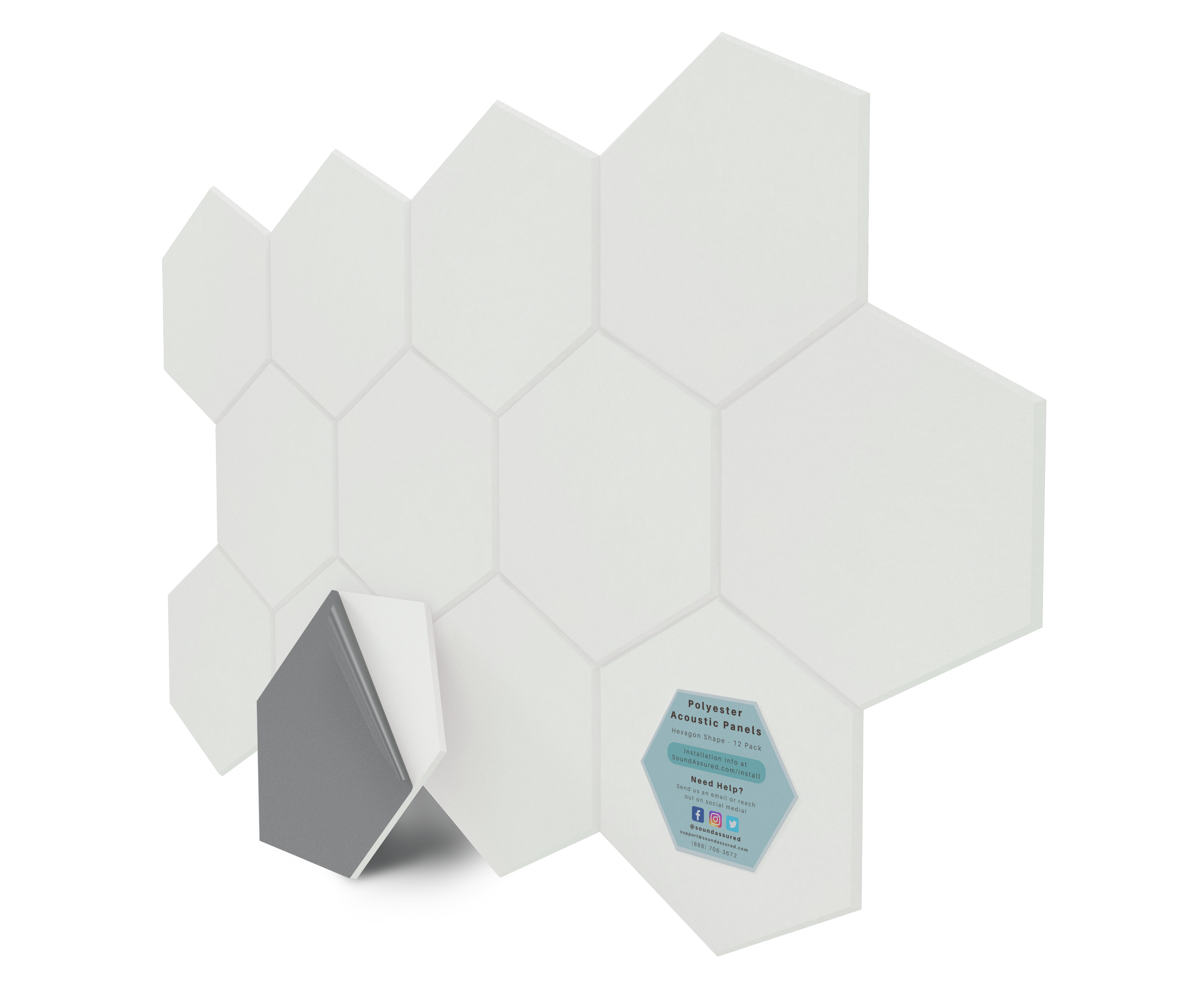 Hexagon Polyester Acoustic Panels - 12 Pack | Eco-Friendly Sound Absorption | Easy Peel & Stick Installation