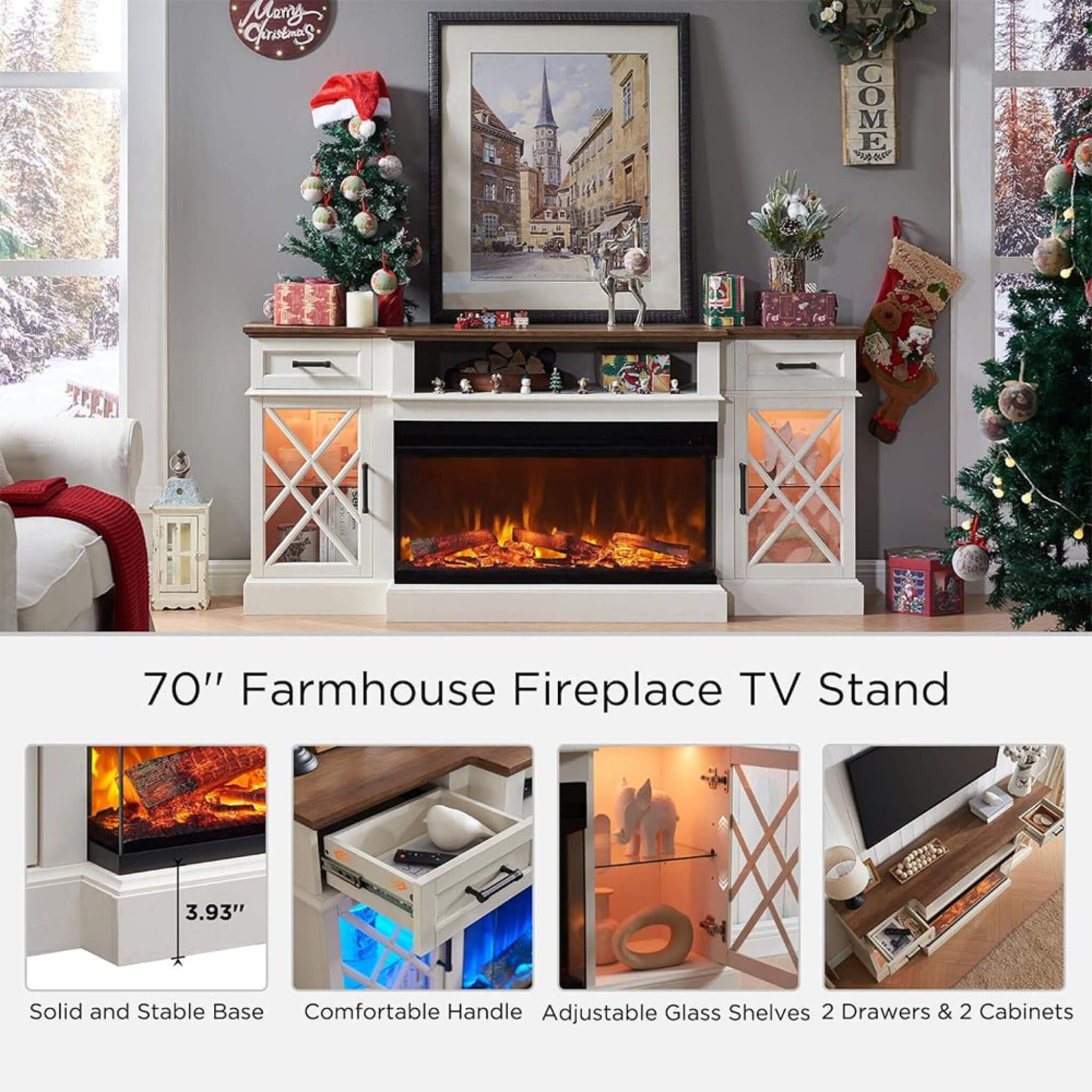 Electric Fireplace TV Stand With Glass Door Storage Cabinet, 70" (SAK58627)