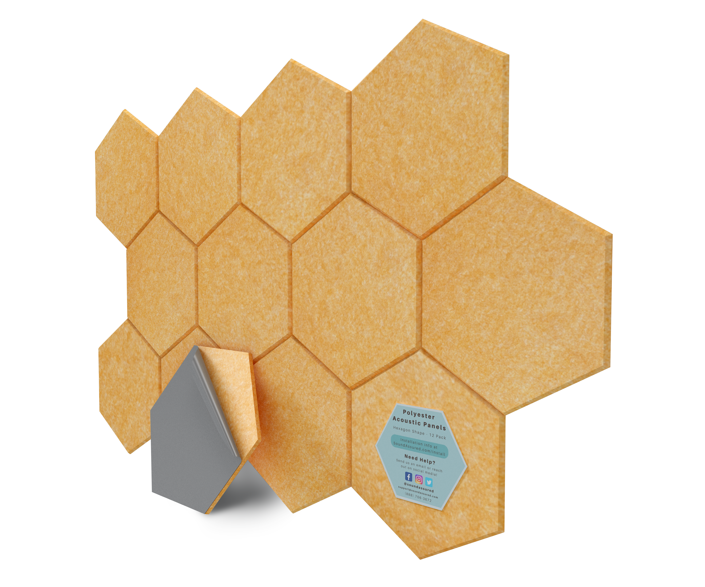 Hexagon Polyester Acoustic Panels - 12 Pack | Eco-Friendly Sound Absorption | Easy Peel & Stick Installation